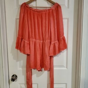 On the Road Coral Off Shoulder Belted Romper